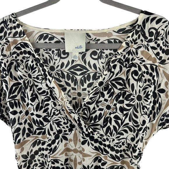 ODILE Anthropologie Sz 2 Blouse Top Black Beige Floral Front Tie Workwear Shirt - Picture 3 of 8